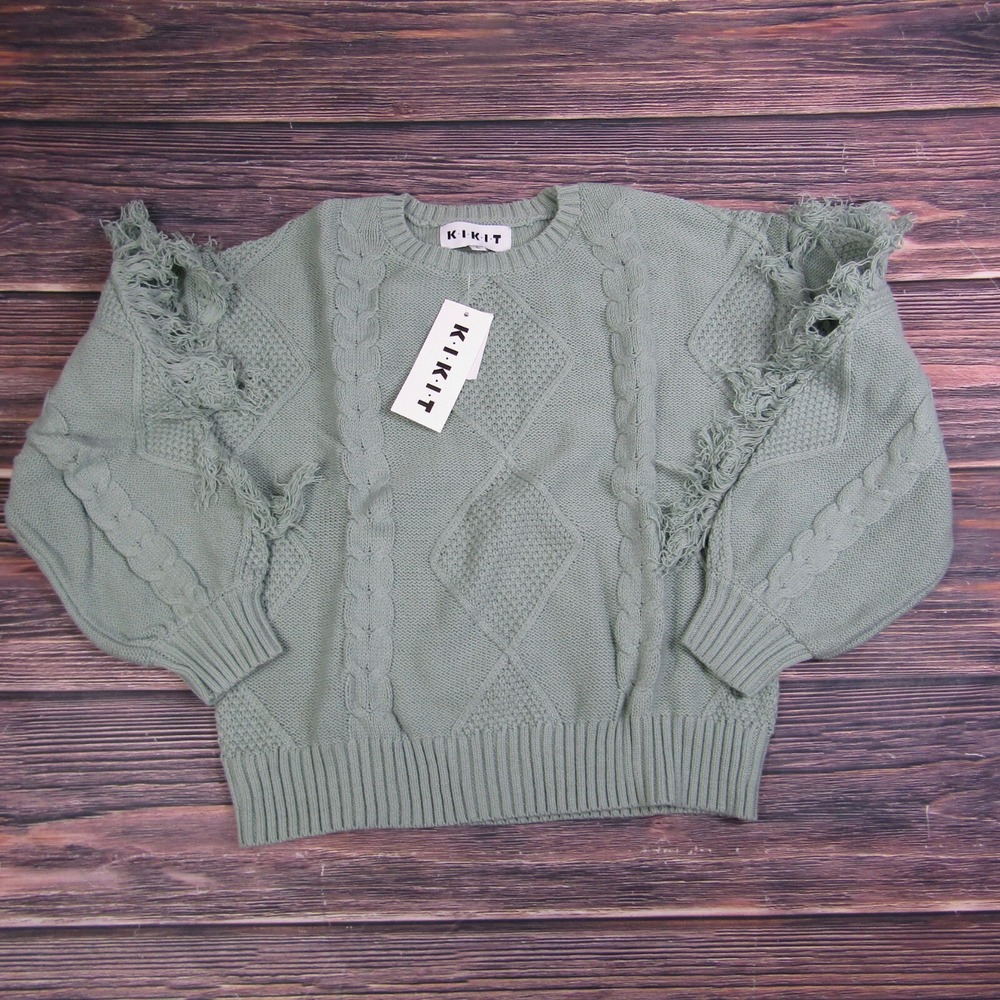KikiT Sage Green Distressed Cable Knit Crew Sweater